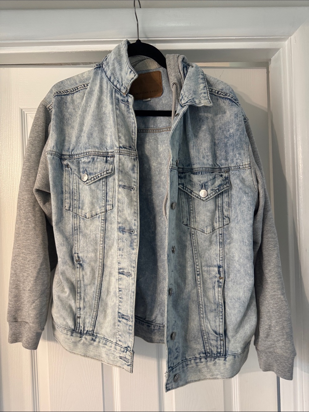 American Eagle Light Wash Denim Jacket with Grey Hoodie Sleeves